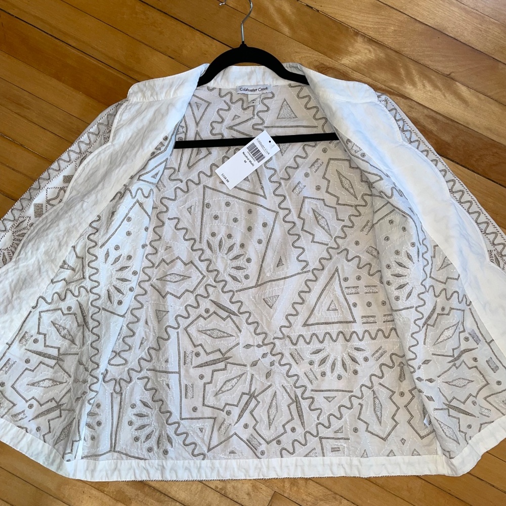 Coldwater Creek NWT Embroidered All Over Jacket Scalloped Edge Tan White… - Picture 7 of 14